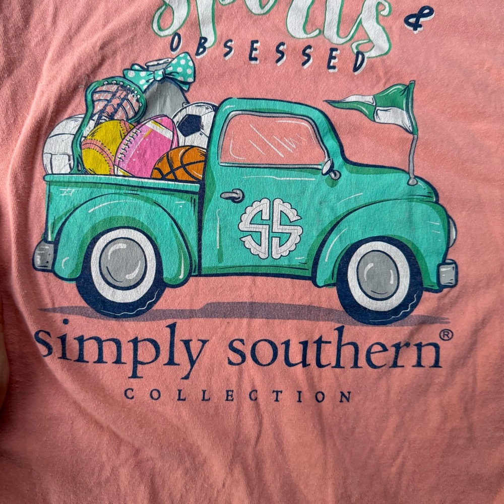 Simply Southern‎ Blessed And Sports Obsessed Youth Medium Short Sleeve Tee Peach